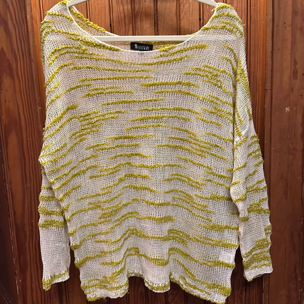 Sisters knitwear. Scoop neck, unique pattern with lime-green and cream thread.